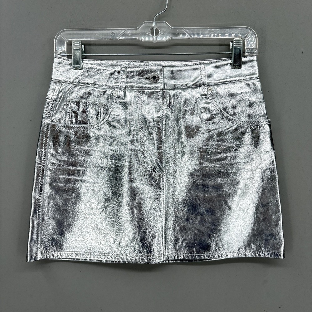 Helmut Lang Skirt Womens 00 Silver Metallic Leather Mini 5 Pocket Lined Party